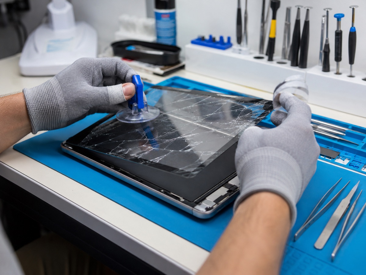 Vorsichtige Demontage einer beschädigten iPad-Glasscheibe